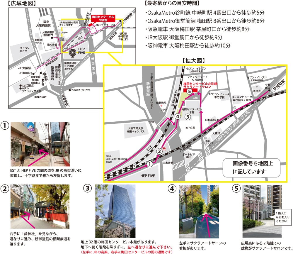 [最寄駅からの目安時間]OsakaMetro谷町線 中崎町駅4番出口から徒歩約5分、OsakaMetro御堂筋線 梅田駅8番出口から徒歩約8分、阪急電車 大阪梅田駅 茶屋町口から徒歩約8分、JR大阪駅 御堂筋口から徒歩約9分、阪神電車 大阪梅田駅から徒歩約10分 [大阪梅田駅 茶屋町口から梅田センタービル北別館サクラアートサロンまでの道順]JR東海道線の高架をくぐります 1：ESTとHEP FIVEの間の道をJRの高架沿いに直進し、十字路まで来たら左折します。2：右手に「歯神社」を見ながら、道なりに進み、新御堂筋の横断歩道を渡ります。3：地上32階の梅田センタービル本館があります。地下へ続く階段を降りずに、左へ道なりに進んでください。（左手にJRの高架、右手に梅田センタービルの間の通路です）4：左手にサクラアートサロンの看板があります。5：広場奥にある2階建ての建物がサクラアートサロンです。1階入り口からお入りください