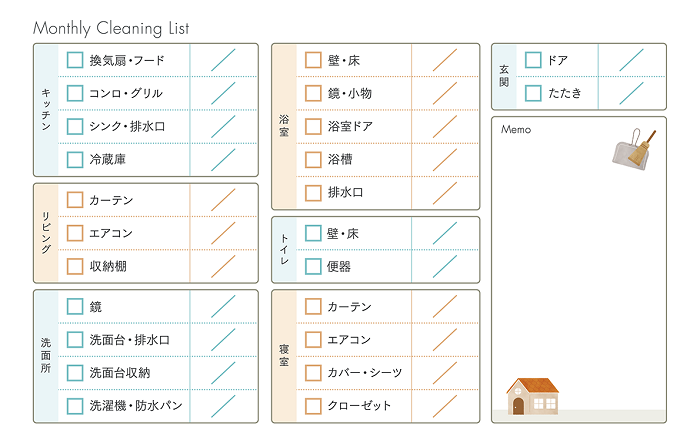 大掃除チェックリストを調べた人におすすめする月一小掃除のチェックリストの画像です。ダウンロードもできます。