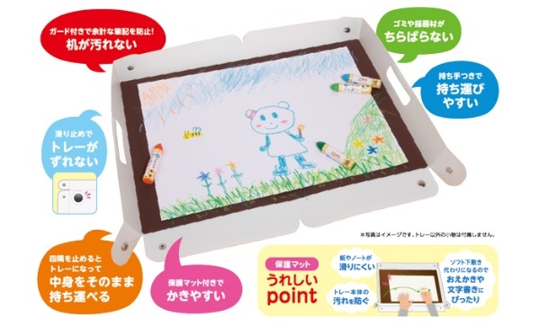 1歳程度から使える、絵を描くときに机を汚さないように保護する学習トレーの画像