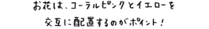 お花は、コーラルピンクとイエローを交互に配置するのがポイント！